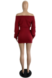 Burgundy Casual Solid Draw String Off the Shoulder Waist Skirt Dresses