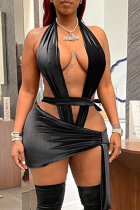 Black Sexy Solid Bandage Halter Sleeveless Two Pieces