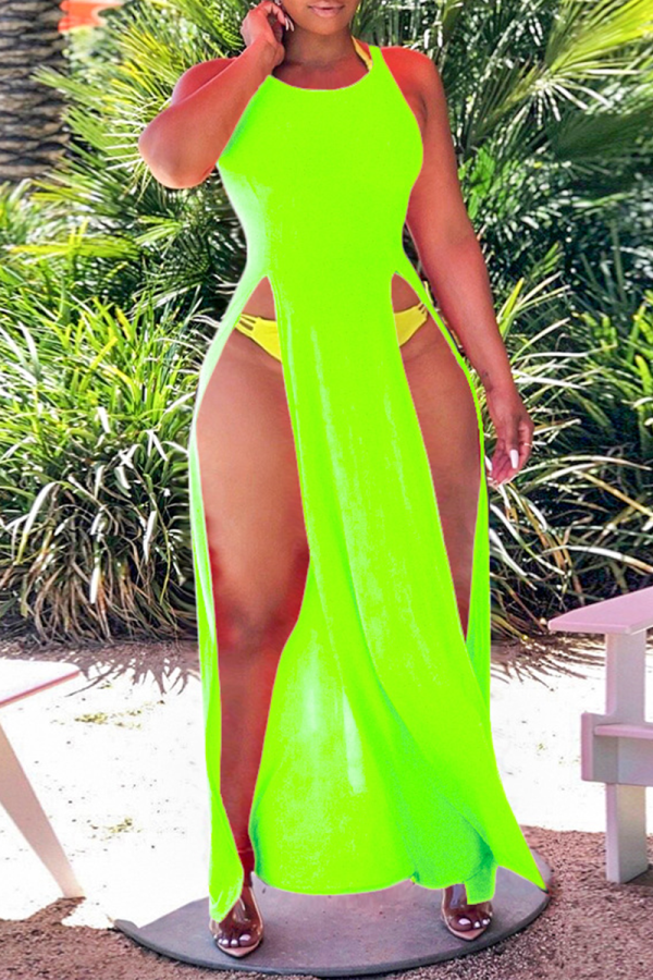 Vestidos sensuais verdes fluorescentes sólidos com gola alta e decote irregular