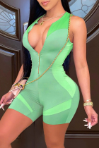 Green Fashion Sexy Color Lump Zipper V Neck Skinny Rompers