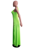 Fluorescerande Grön Sexig Solid Hög Öppning O Neck Oregelbundna klänningar