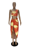 Tangerine Red Sexy Print High Opening One Shoulder Sleeveless Two Pieces