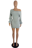 Grey Casual Solid Draw String Off the Shoulder Waist Skirt Dresses