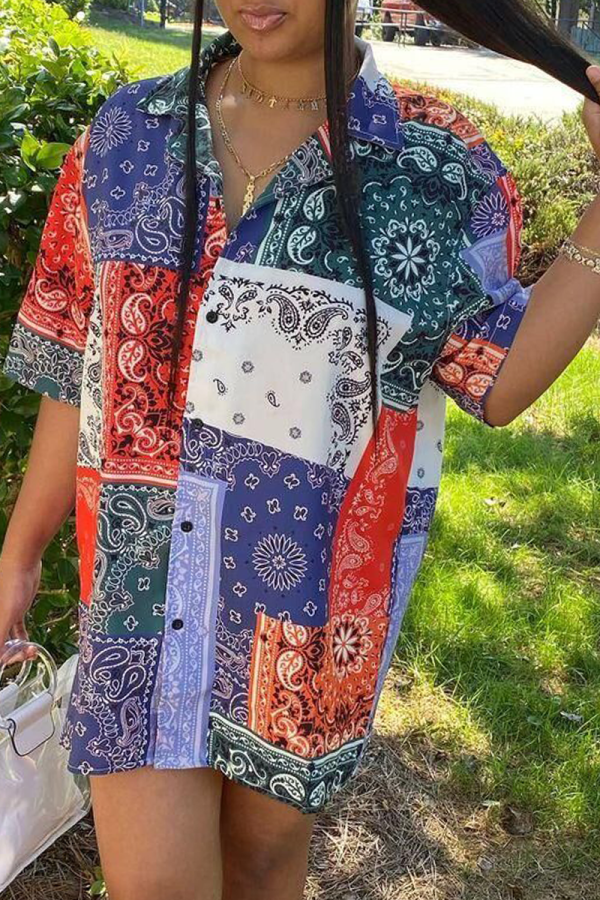 Robes chemise à col rabattu en patchwork imprimé décontracté multicolore