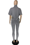 Grey Sportswear Color Block Patchwork Zipper Collar Short Sleeve Two Pieces