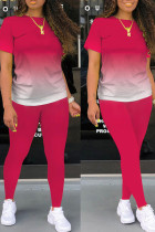 Розово-красный Повседневный с постепенным изменением Пэчворк О-образный вырез С коротким рукавом Из двух частей