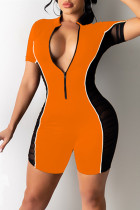 Macacão skinny moda casual patchwork laranja transparente com zíper