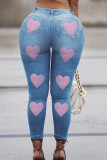 Hellblaue, modische, lässige, bedruckte Basic-Jeans mit hoher Taille