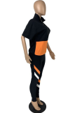 Черный Спортивная одежда Цветных блоков Пэчворк Воротник-молния С короткими рукавами Из двух частей