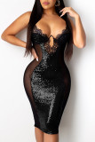 Mode noire Sexy Patchwork solide évidé paillettes robe transparente à col en V
