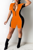 Orange Fashion Casual Patchwork See-through Zipper Collar Skinny Romper
