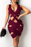 Pink Sexy Patchwork Solid Hollowed Out V Neck Asymmetrical Dresses