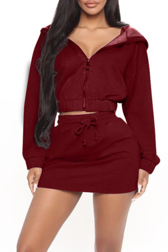 Burgundy Fashion Casual Solid Basic Hooded Collar Long Sleeve Two Pieces