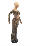 Brown Fashion Sexy Print Hollowed Out Strapless Long Sleeve Two Pieces