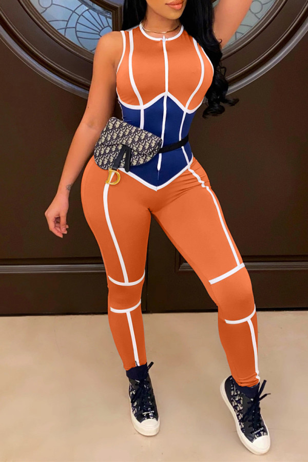 オレンジファッションカジュアルパッチワークベーシックOネックスキニージャンプスーツ
