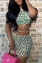 Fluorescent Green Sexy Leopard Patchwork Spaghetti Strap Sleeveless Two Pieces