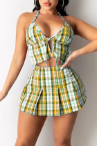 Green Sexy Casual Plaid Print Backless Halter sans manches Deux pièces