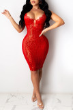 Röd Mode Sexig Patchwork Solid urholkade paljetter Genomskinlig V-ringad Sling Dress