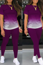 Фиолетовый Повседневный Пэчворк с круглым вырезом и короткими рукавами из двух частей