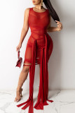 Rose Red Sexy Solid See-through O Neck Irregular Dress Dresses