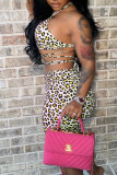 Pink Sexy Leopard Patchwork Spaghetti Strap Sleeveless Two Pieces