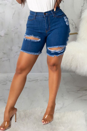 Dark Blue Fashion Sexy Solid High Waist Straight Jeans Ripped Denim Shorts