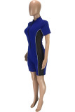 Blue Fashion Casual Patchwork See-through Zipper Collar Skinny Romper