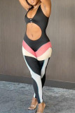 Svart mode sexigt lapptäcke urholkade U-hals Skinny Jumpsuits
