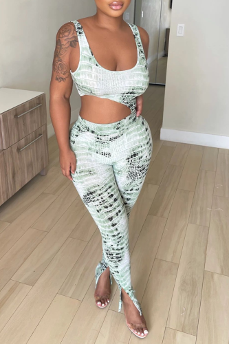 Green Sexy Print Patchwork U Neck Skinny Jumpsuits
