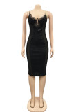 Black Fashion Sexy Patchwork Solid Hollowed Out Sequins See-through V Neck Sling Dress