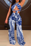 Blauwe mode sexy print backless strapless mouwloze twee stukken