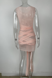 Khaki Sexy Solid See-through O Neck Irregular Dress Dresses