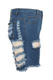 Donkerblauwe mode sexy effen gescheurde rechte jeans met hoge taille
