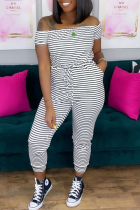 White Casual Striped Patchwork Off the Shoulder Regular Jumpsuits