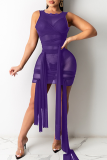 Purple Sexy Solid See-through O Neck Irregular Dress Dresses