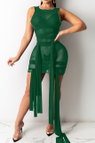 Ink Green Sexy Solid See-through O Neck Irregular Dress Dresses