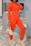 Tangerine Red Casual Solid Patchwork Turtleneck Long Sleeve Two Pieces