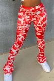Pantalones pitillo de cintura media con estampado informal de patchwork de color rojo rosa