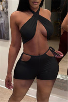 Zwarte mode Sexy effen uitgeholde rugloze halter mouwloze twee stukken