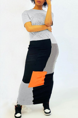 Grey Fashion Short Sleeve Patchwork Long Dress