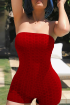 Красный сексуальный однотонный узкий комбинезон с открытыми плечами в стиле пэчворк