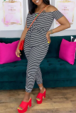 White Casual Striped Patchwork Off the Shoulder Regular Jumpsuits