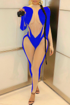 Синие сексуальные облегающие комбинезоны в сеточку в стиле пэчворк до половины водолазки