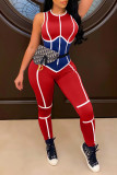 Red Fashion Casual Patchwork Basic O-Neck Skinny Jumpsuits