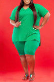 Verde Moda Casual Sólida Com Decote V Plus Size Duas Peças