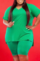 Verde Moda Casual Sólida Com Decote V Plus Size Duas Peças