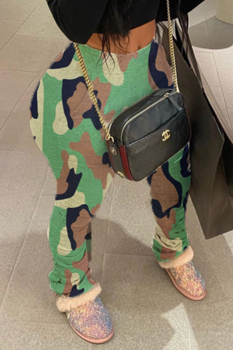 Camouflage Casual Camouflage Print Split Joint Skinny Mid Waist Straight Full Print Bottoms
