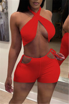 Vermelho fashion sexy sólido vazado sem costas sem manga duas peças