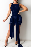 Mörkblå Sexiga Solida genomskinliga O-hals Oregelbundna klänningar