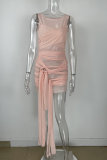 Pink Sexy Solid See-through O Neck Irregular Dress Dresses